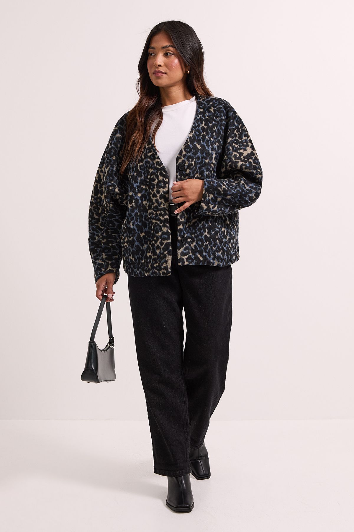 Dorothy Perkins Petite Short Collarless Animal Print Coat Blue image 1