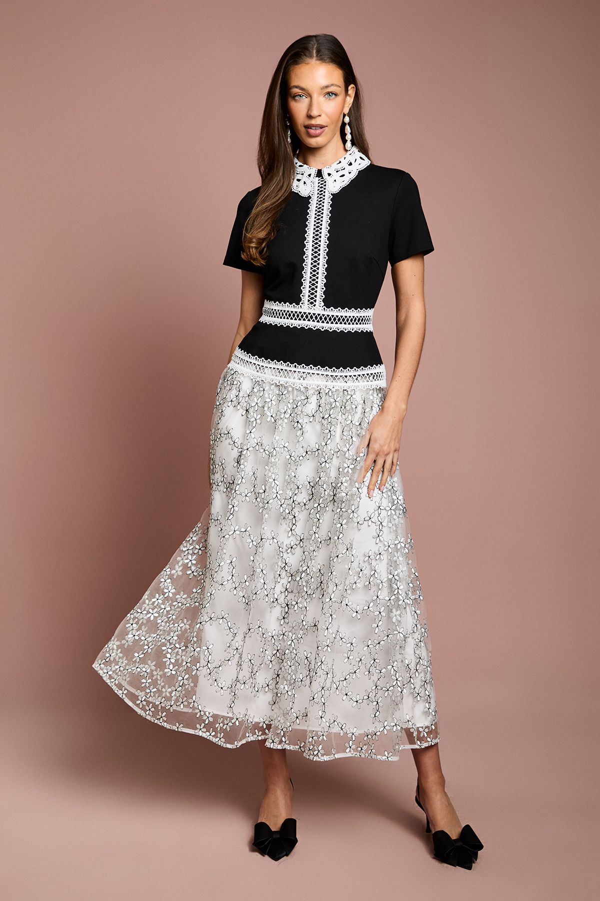 Coast Stretch Bodice Embroidered Mesh Skirt Midaxi Dress Mono image 1