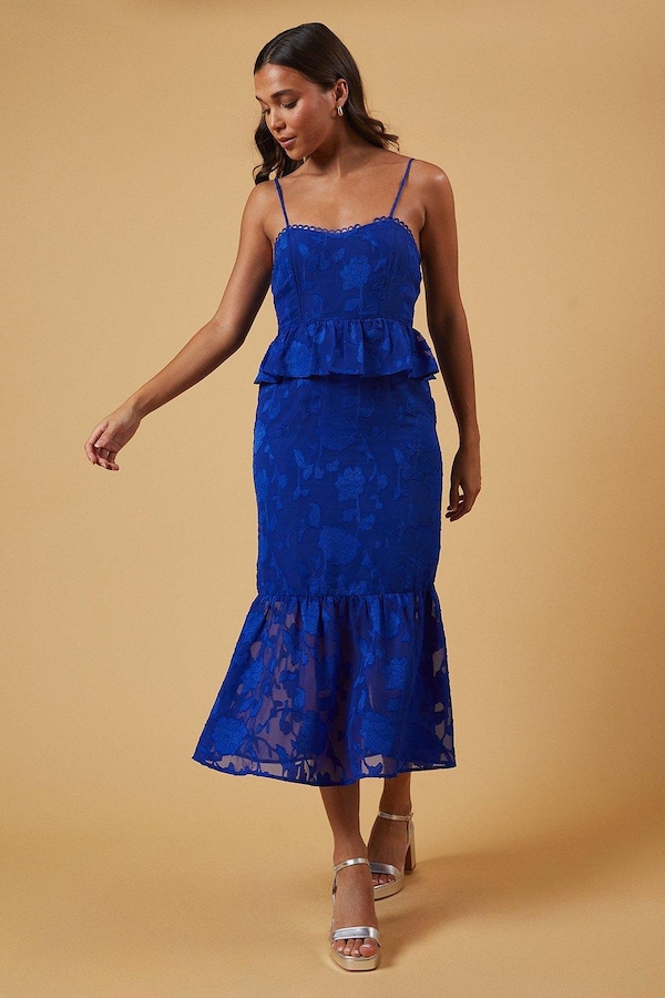 Oasis Petite Occasion Jacquard Peplum Midaxi Dress Cobalt