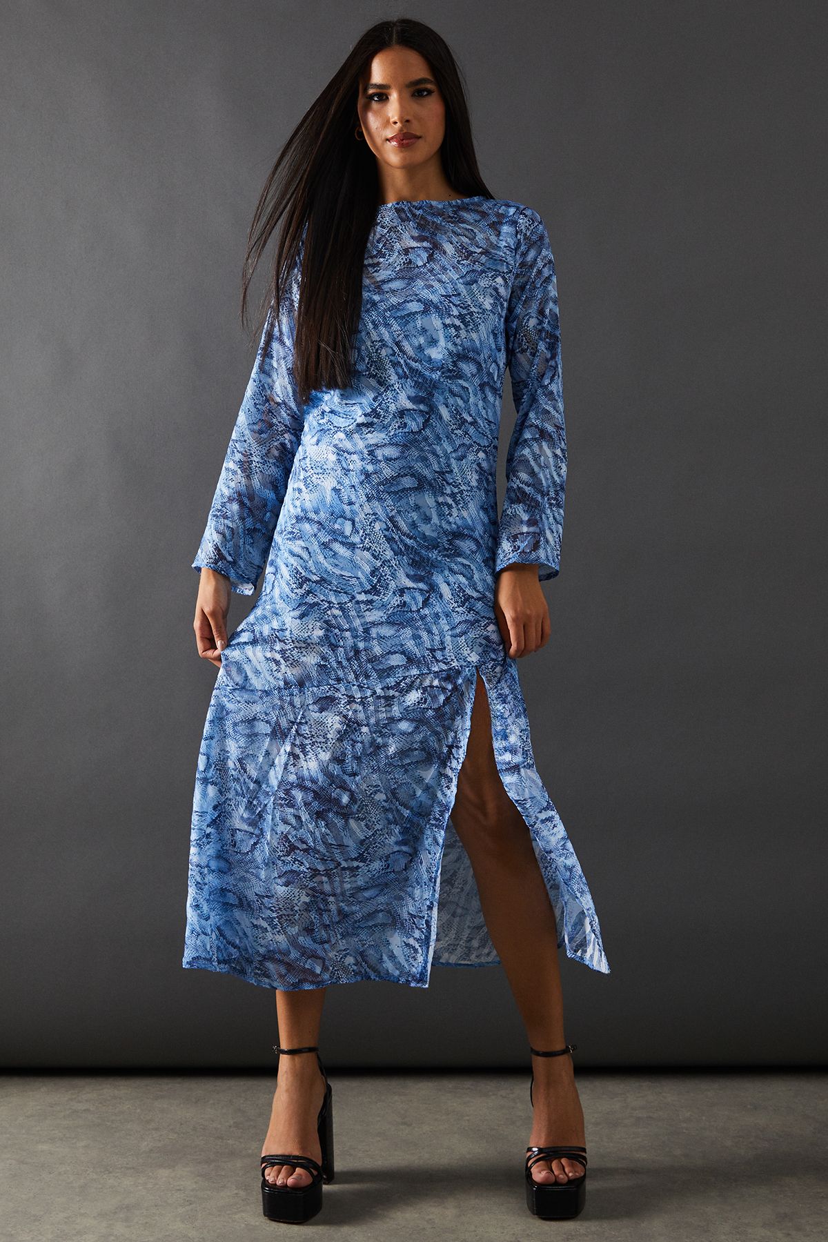 Warehouse Petite Burnout Snake Chiffon Column Long Sleeve Maxi Dress Blue image 1