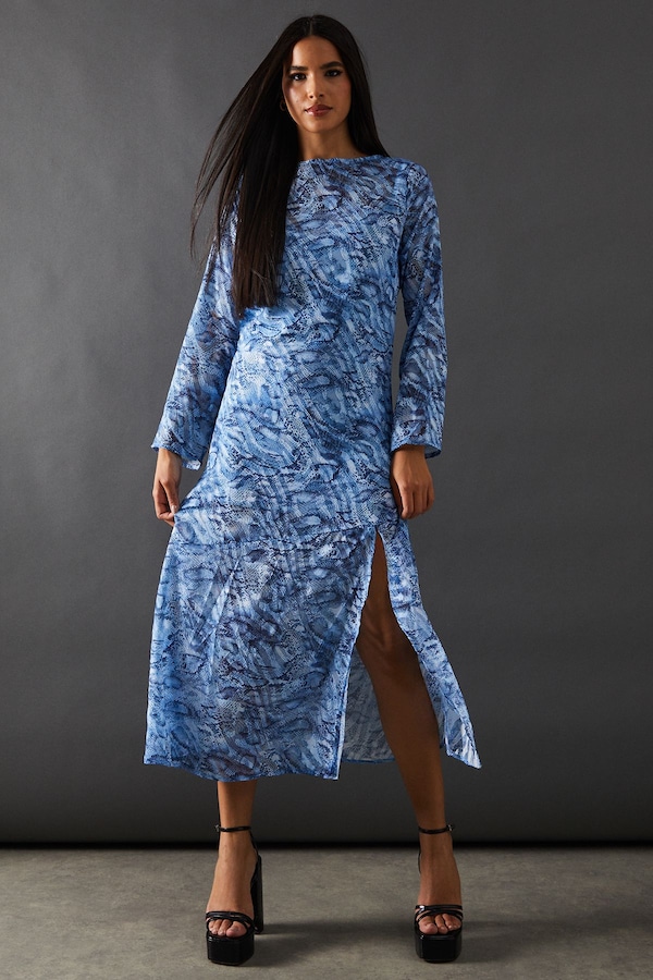 Warehouse Petite Burnout Snake Chiffon Column Long Sleeve Maxi Dress Blue