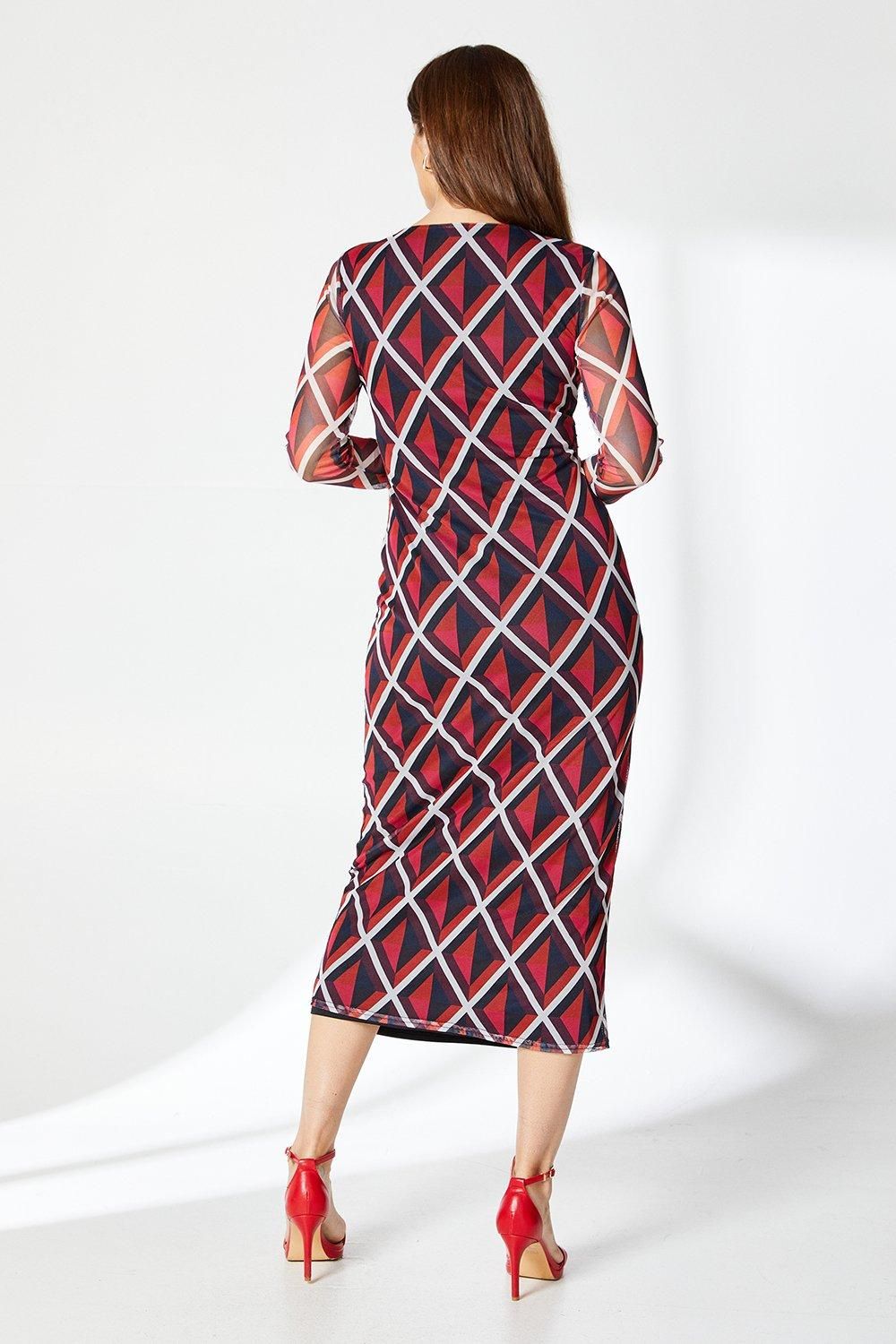 Principles Red Printed Mesh Ruched Front Midi Dress Red image 3