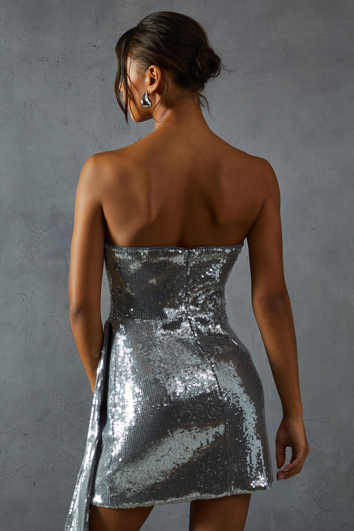 MissPap Sequin Corseted Bandeau Draped Bodycon Mini Dress Grey image 3