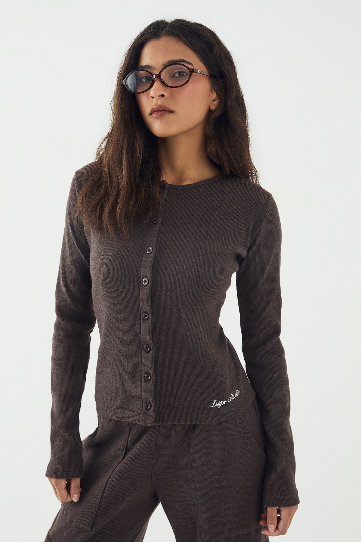 DSGN Studio DSGN Studio Brushed Rib Button Through Long Sleeve Top Chocolate image 3