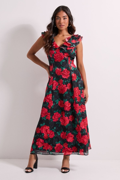 Dorothy Perkins Petite DP Luxe Black Floral Printed Jacquard Chiffon Ruffle Front Sleeveless Midi Dress Black