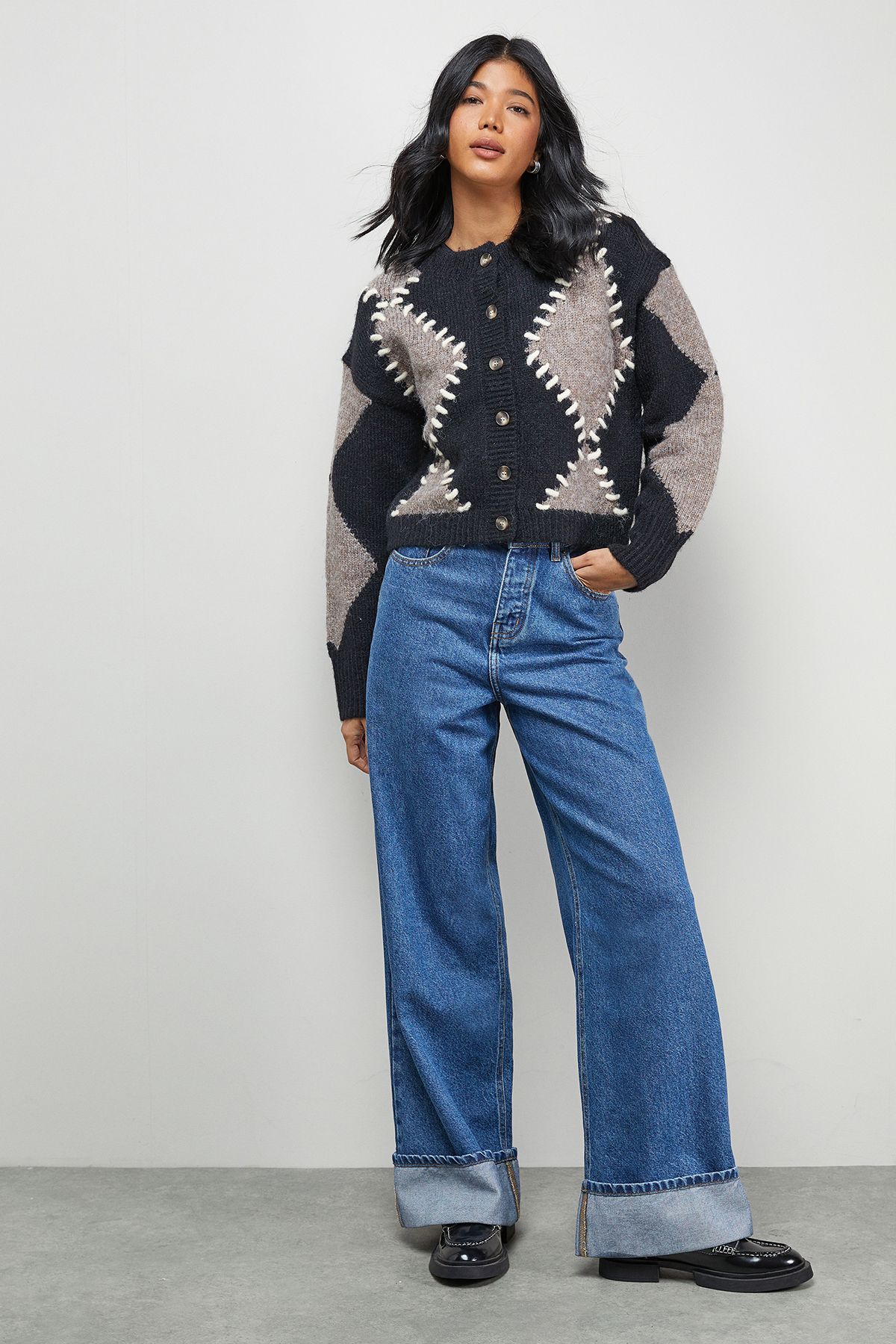 Warehouse Argyle Stitch Detail Cardigan Black image 2