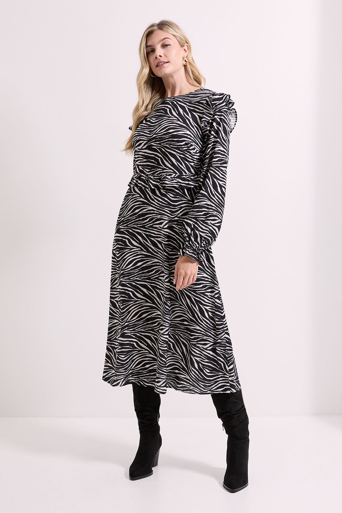 Dorothy Perkins Frill Detail Long Sleeve Midi Dress Zebra image 1