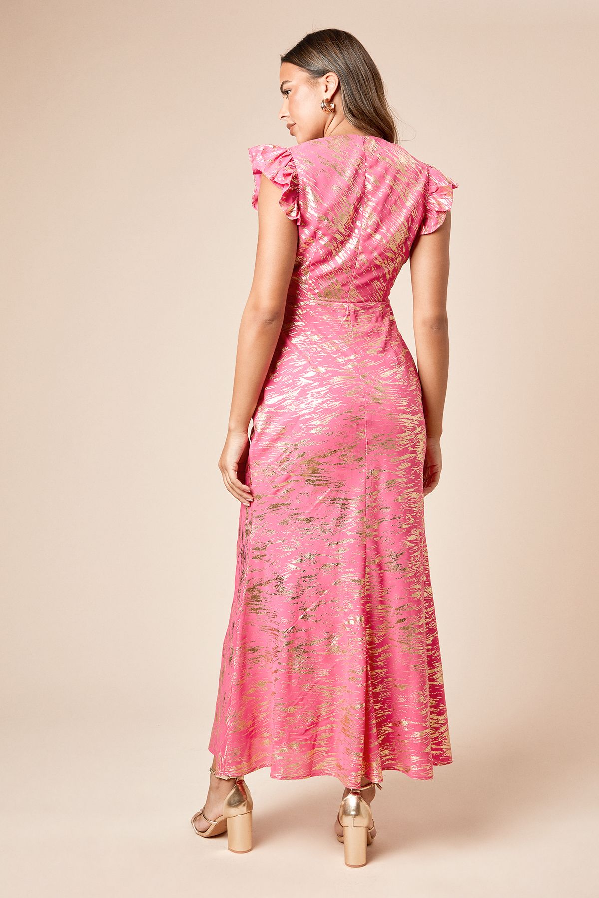 Dorothy Perkins DP Luxe Metallic Frill Shoulder Maxi Dress Dusky image 4