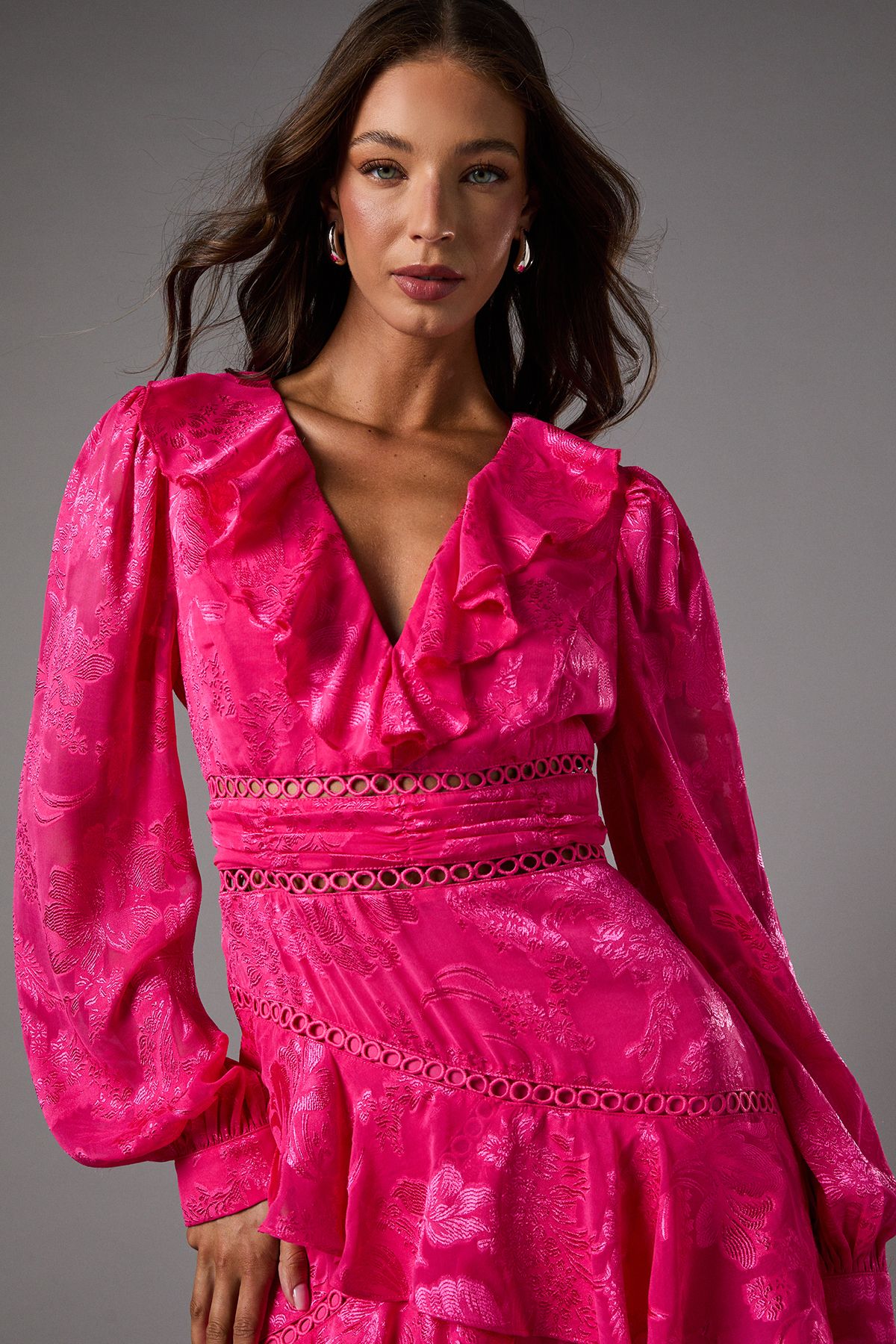 Coast Long Sleeve Jacquard Midaxi Dress With Frills Pink image 4