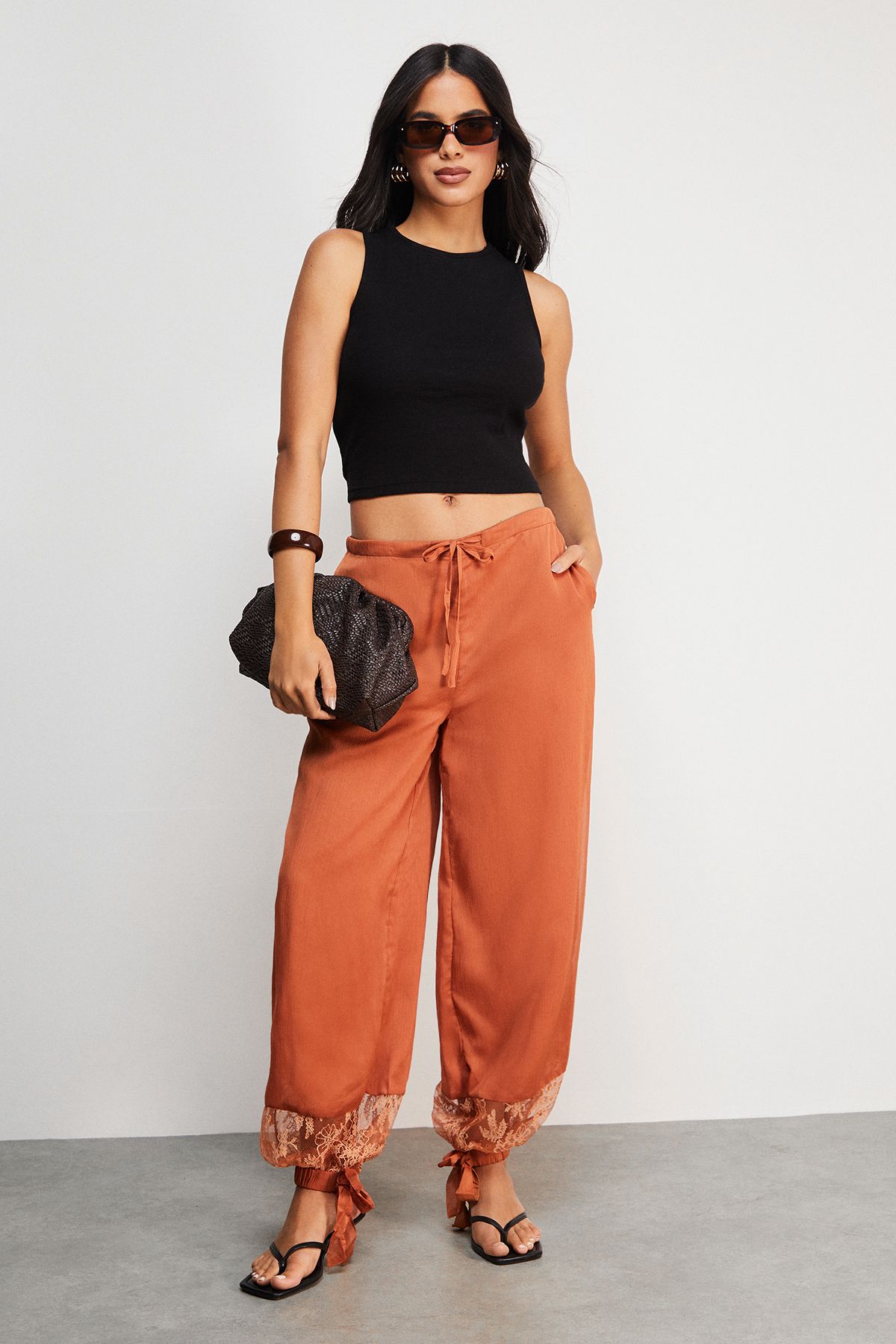 Warehouse Lace Insert Chiffon Cuffed Trousers Tan image 1