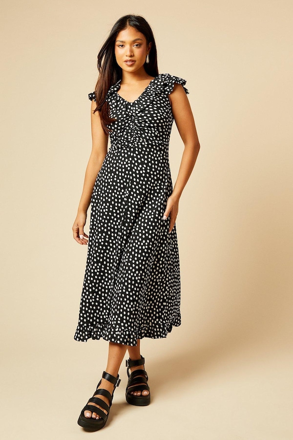 Dorothy Perkins Petite Mono Frill Neck Ruched Front Jersey Midi Dress Mono