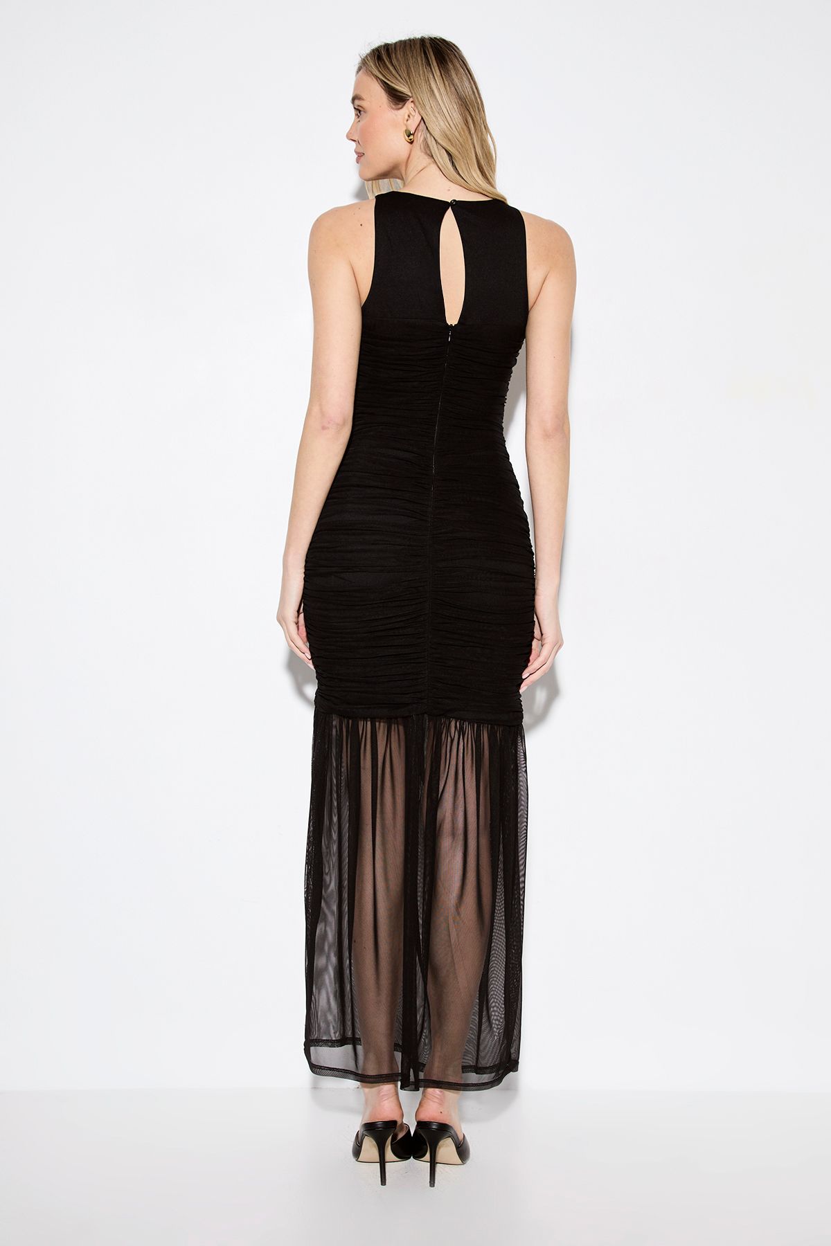 MissPap Ruched keyhole front mesh maxi dress Black image 3
