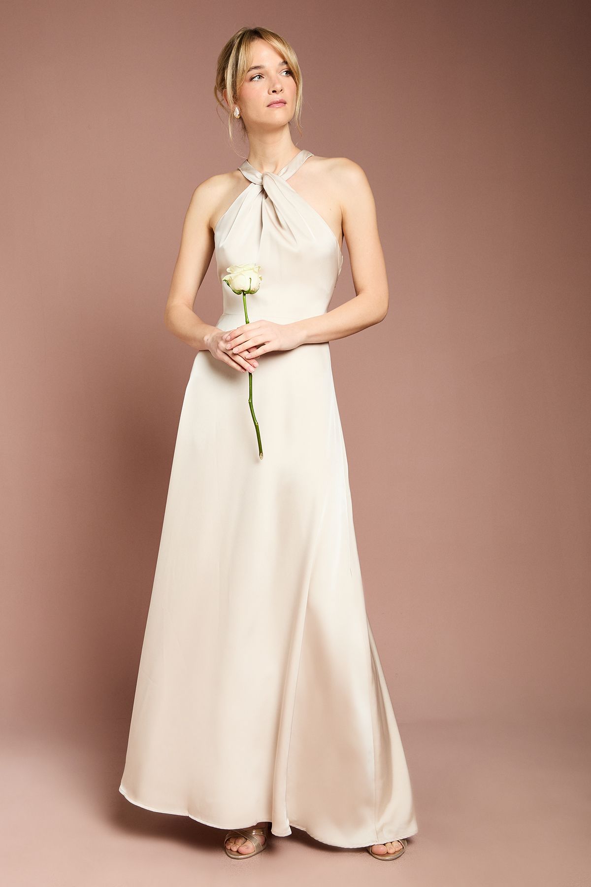 Coast Coast Honoured Twist Halterneck Satin Maxi Bridesmaid Dress Champagne