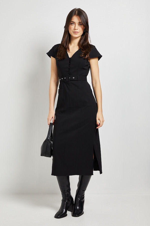 Dorothy Perkins Bengaline Belted Button Down Midi Dress Black