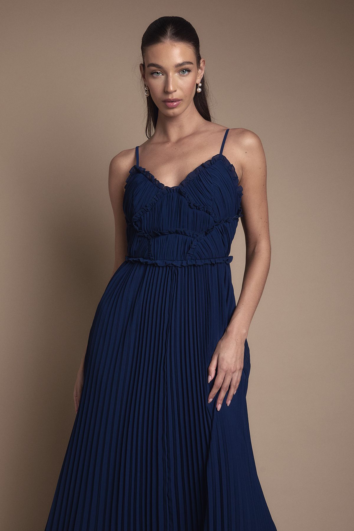 Oasis Oasis By Coast Strappy Pleated Bridesmaid Dress With Ruffle Detail Navy image 2
