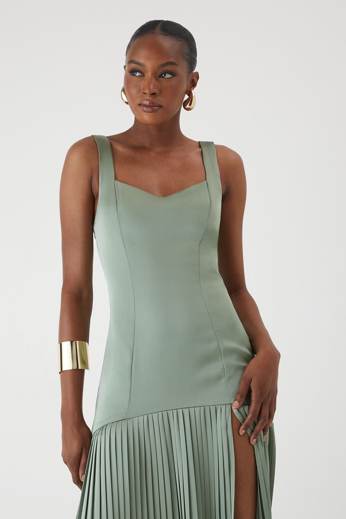 MissPap Premium Satin Square Pleated Skirt Bridesmaid Dress Sage image 2