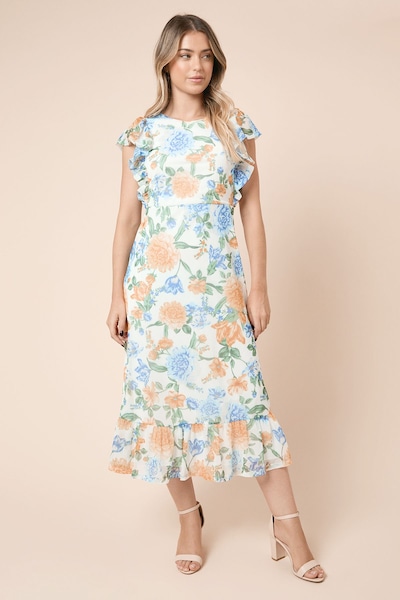 Dorothy Perkins Floral Frill Sleeve Belt Detail Mesh Jersey Midi Dress Floral