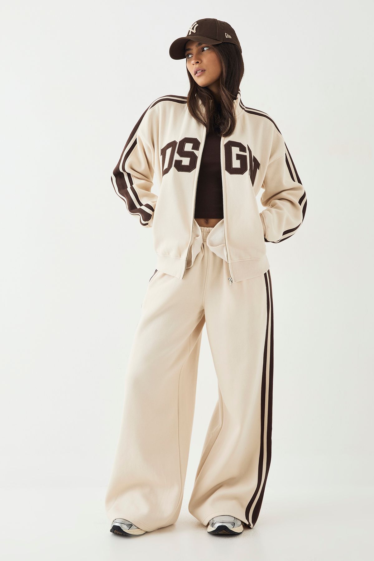 DSGN Studio DSGN Studio Side Stripe Funnel Neck Zip Through Bomber Tracksuit Cream image 1