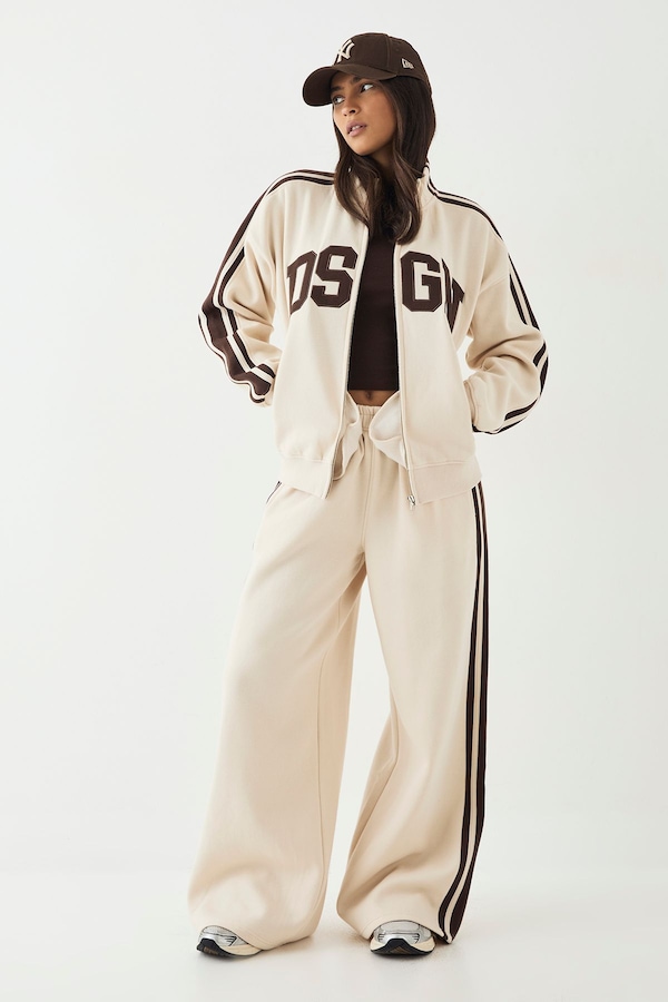 DSGN Studio DSGN Studio Side Stripe Funnel Neck Zip Through Bomber Tracksuit Cream