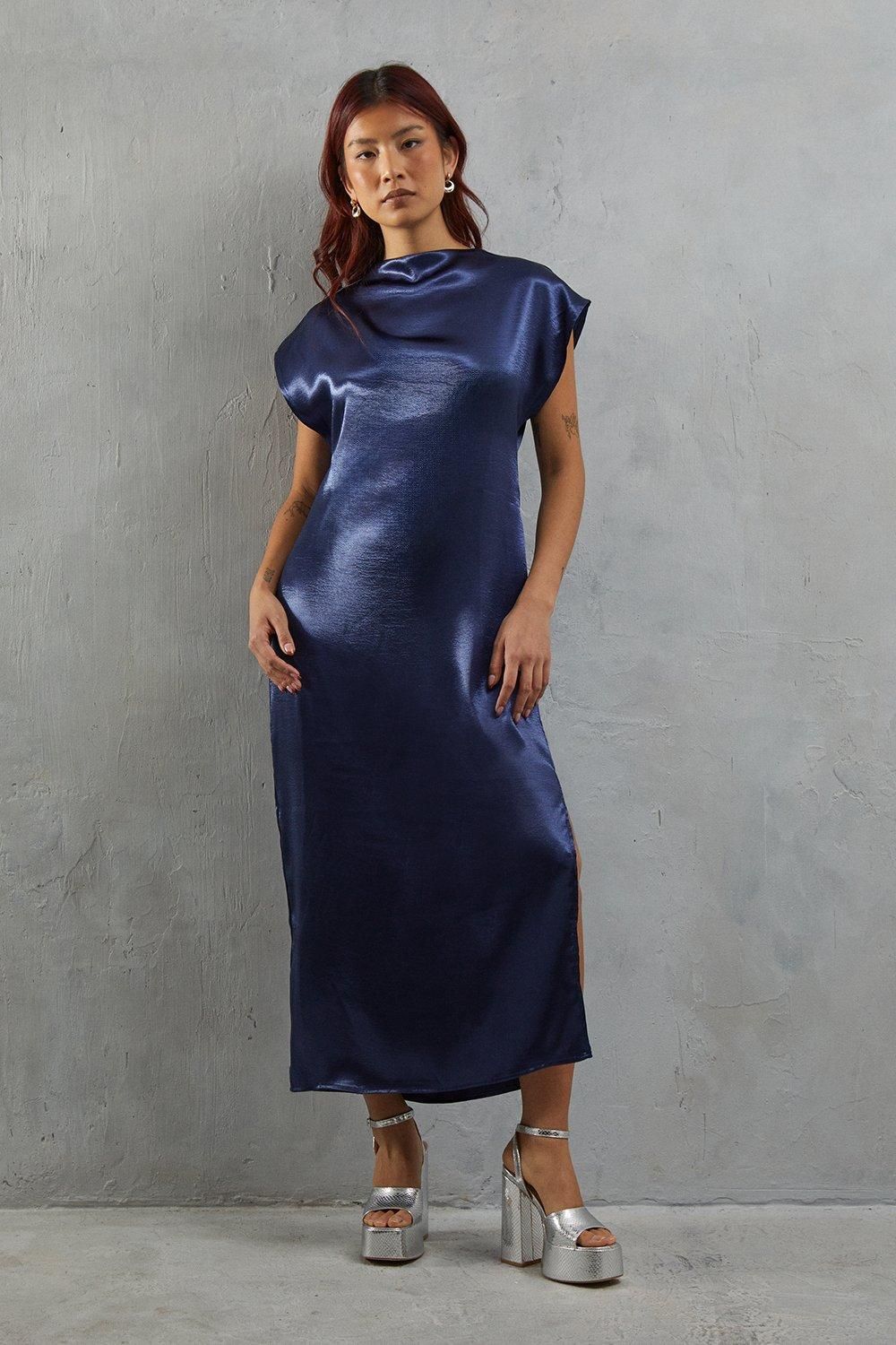 Warehouse High Shine Metallic Grown On Sleeve Midi Dress Navy image 1