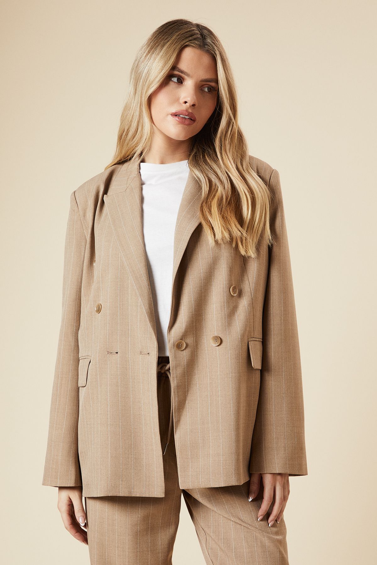 Dorothy Perkins Oversized Double Breasted Stripe Blazer Stone image 1