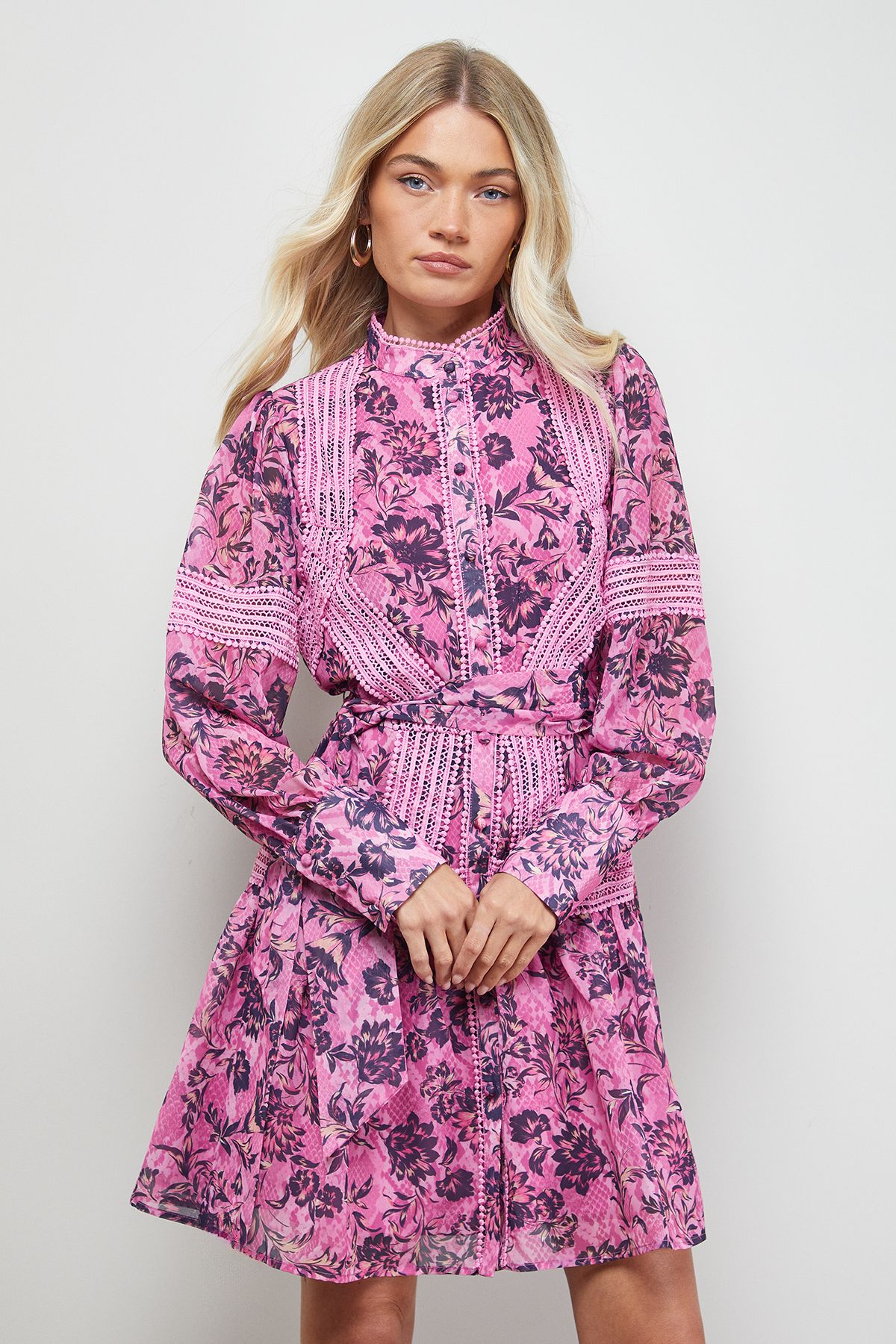 Oasis Printed Lace Detail Button Down Collarless Mini Dress Floral image 1