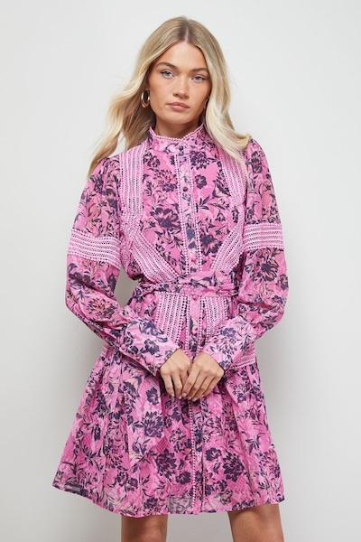 Oasis Printed Lace Detail Button Down Collarless Mini Dress Floral