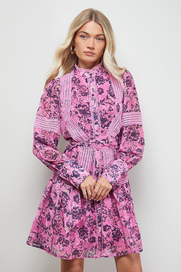 Oasis Printed Lace Detail Button Down Collarless Mini Dress Floral