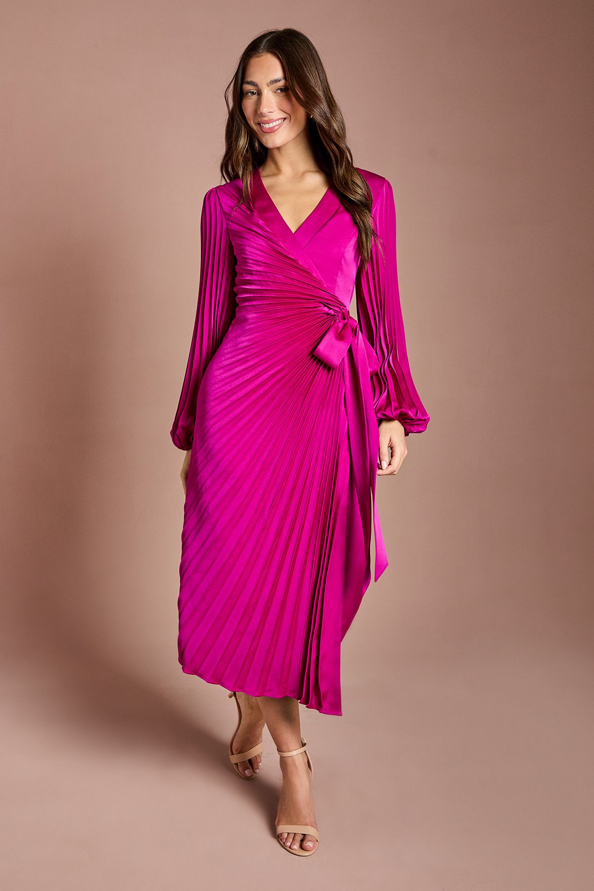 Coast Satin Pleated Wrap Dress Berry
