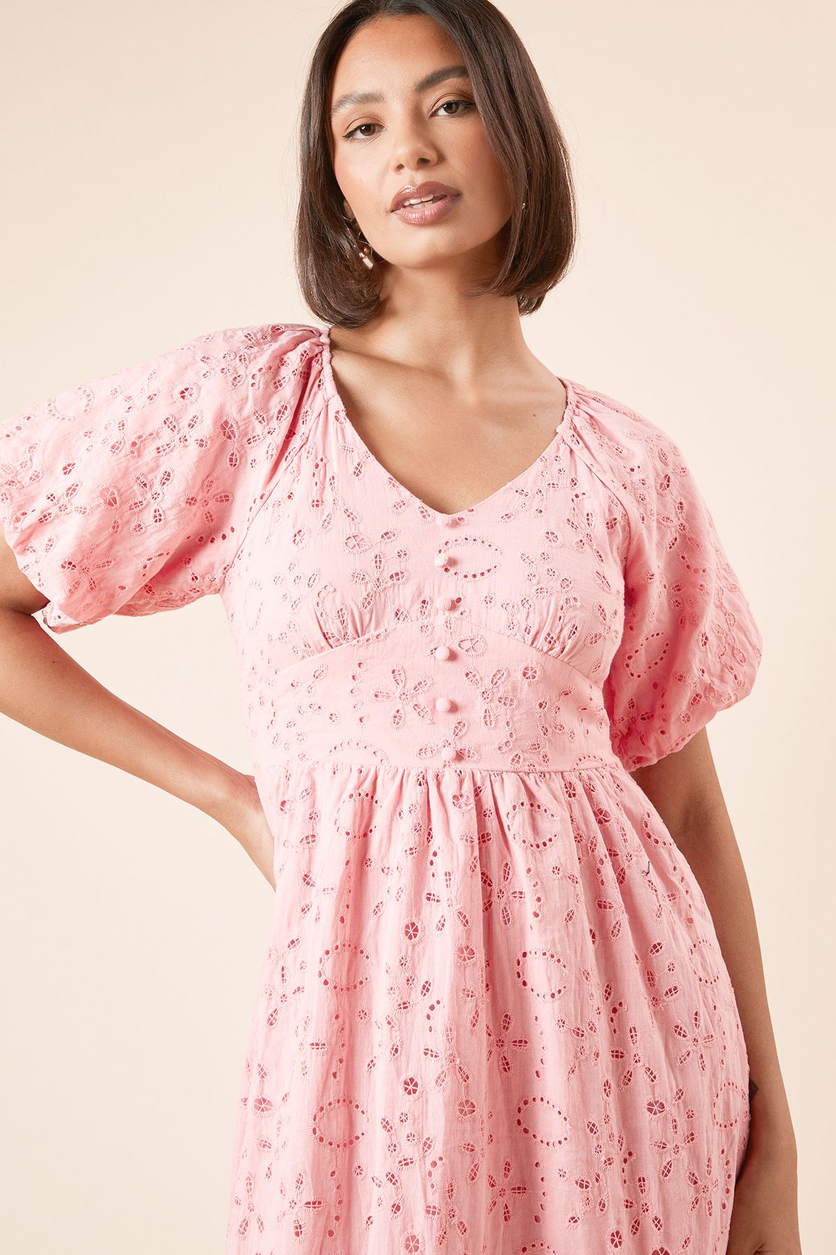 Dorothy Perkins Broderie Button Front Midi Dress Pink image 4
