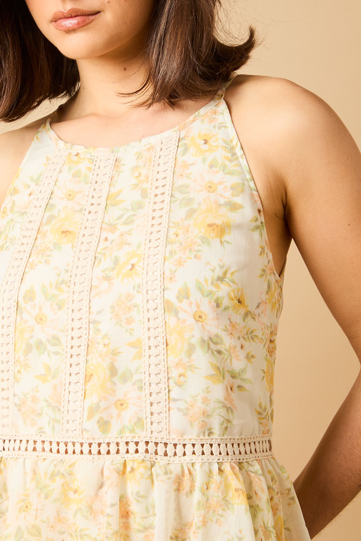 Oasis Printed Lace Detail Halterneck Tiered Midaxi Dress Multi image 5