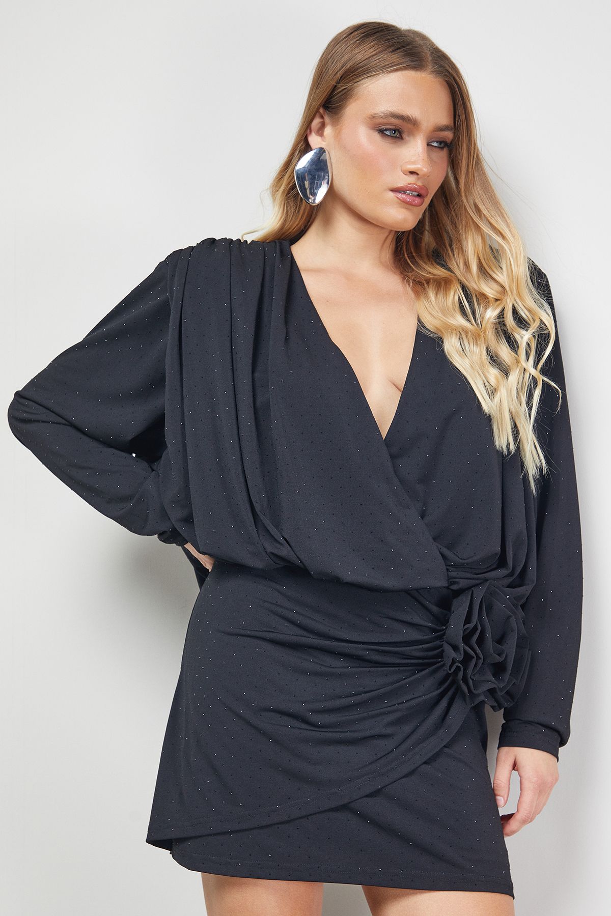 Warehouse Hotfix Plunge Neck Shoulder Pad Rosette Mini Dress Black image 1