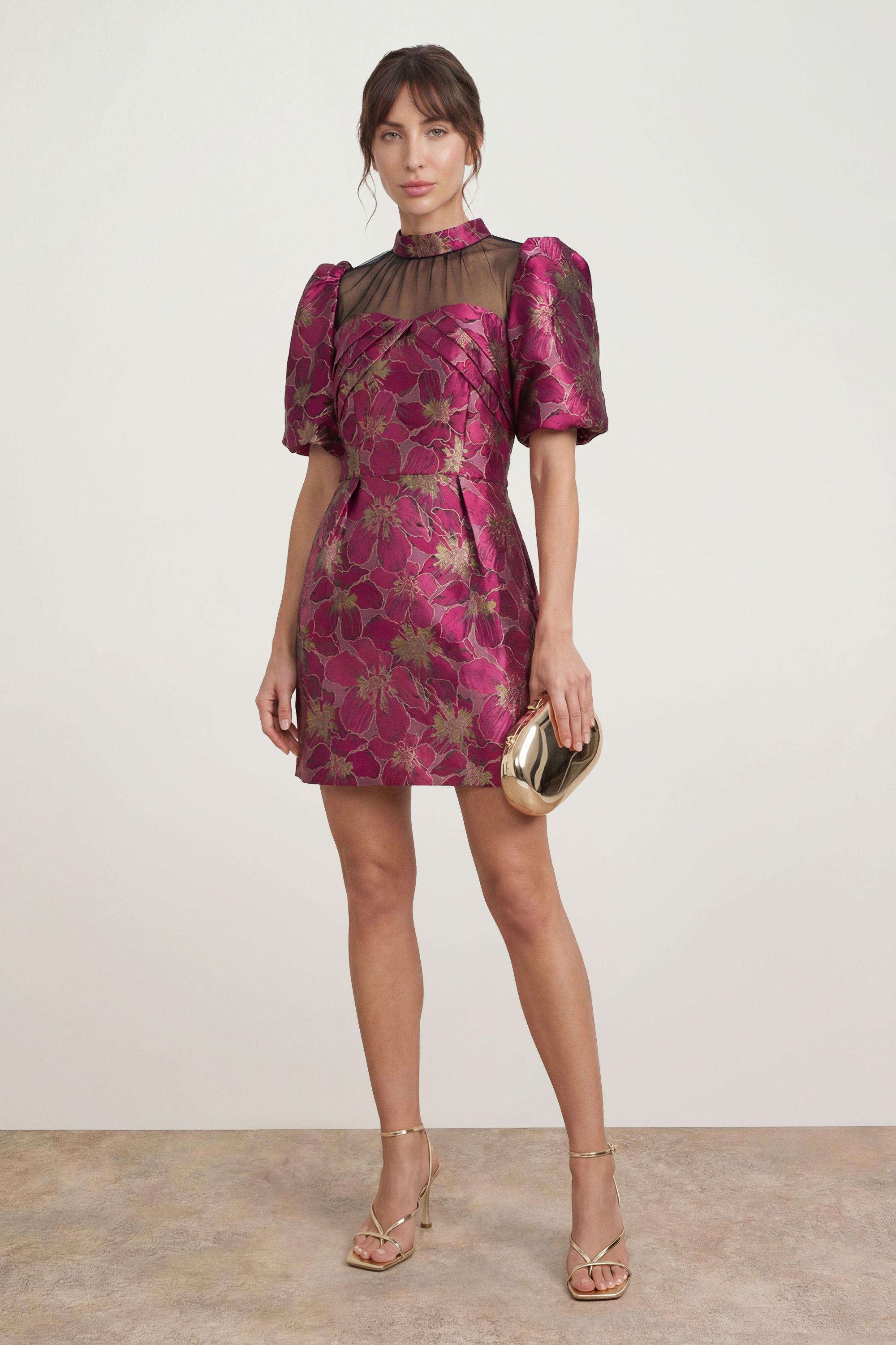 Oasis Jacquard Puff Sleeve High Neck Mini Dress Pink