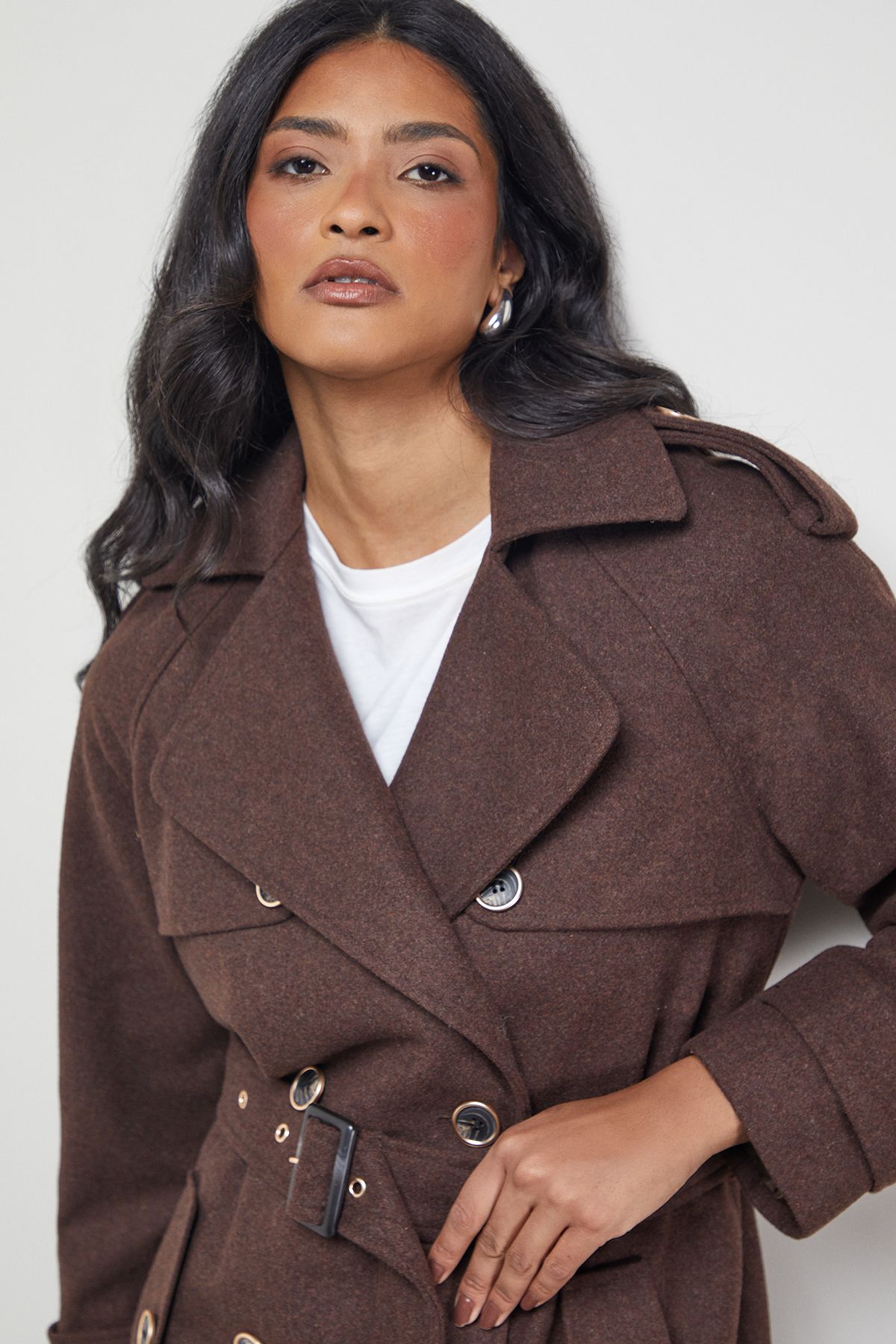 Warehouse Wool Mix Belted Trench Coat Chocolate image 4