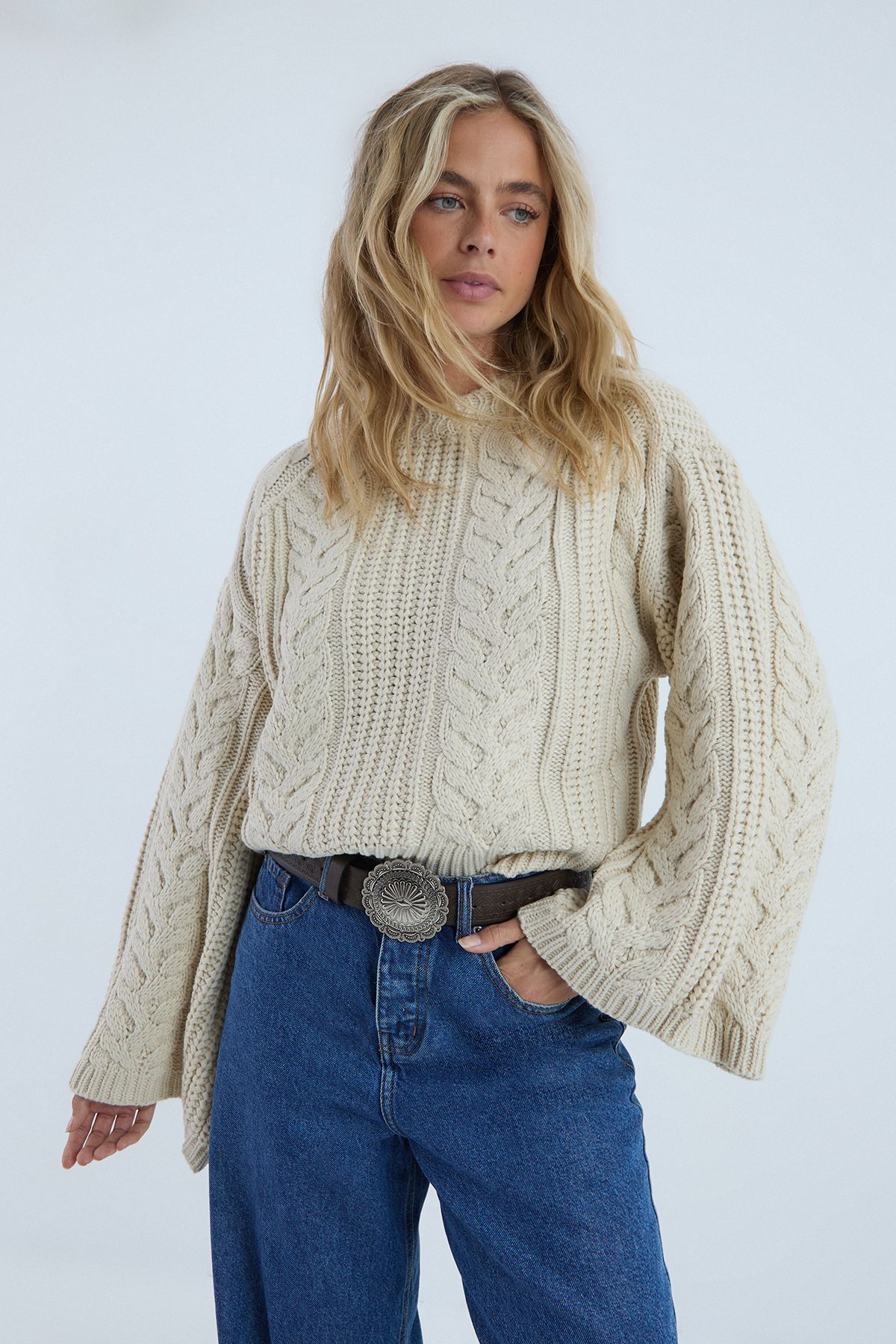 NastyGal Knitted Chunky Cable Wide Sleeve Jumper Oatmeal image 1