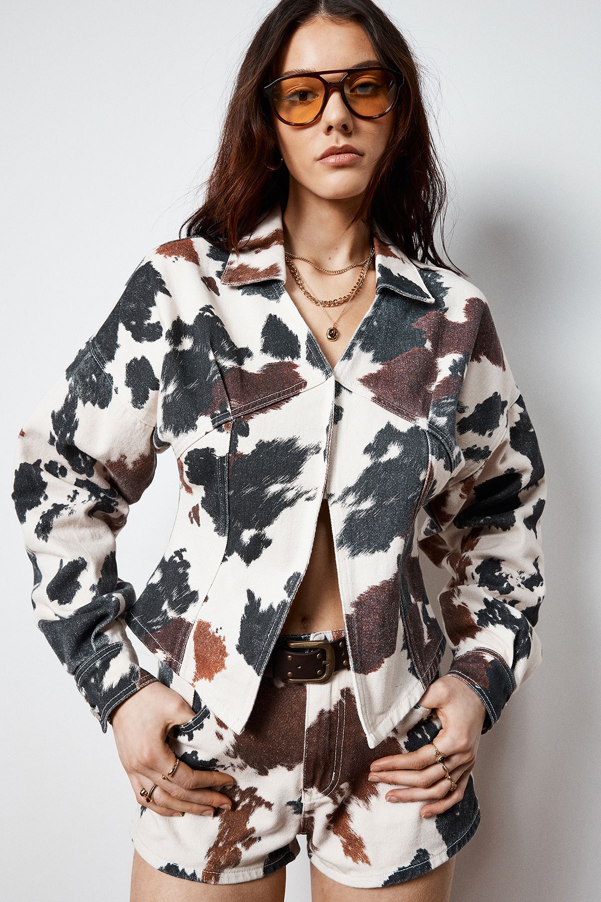 NastyGal Cow Print Denim Hot Pant Short Off White