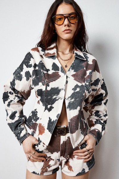 NastyGal Cow Print Denim Hot Pant Short Off White