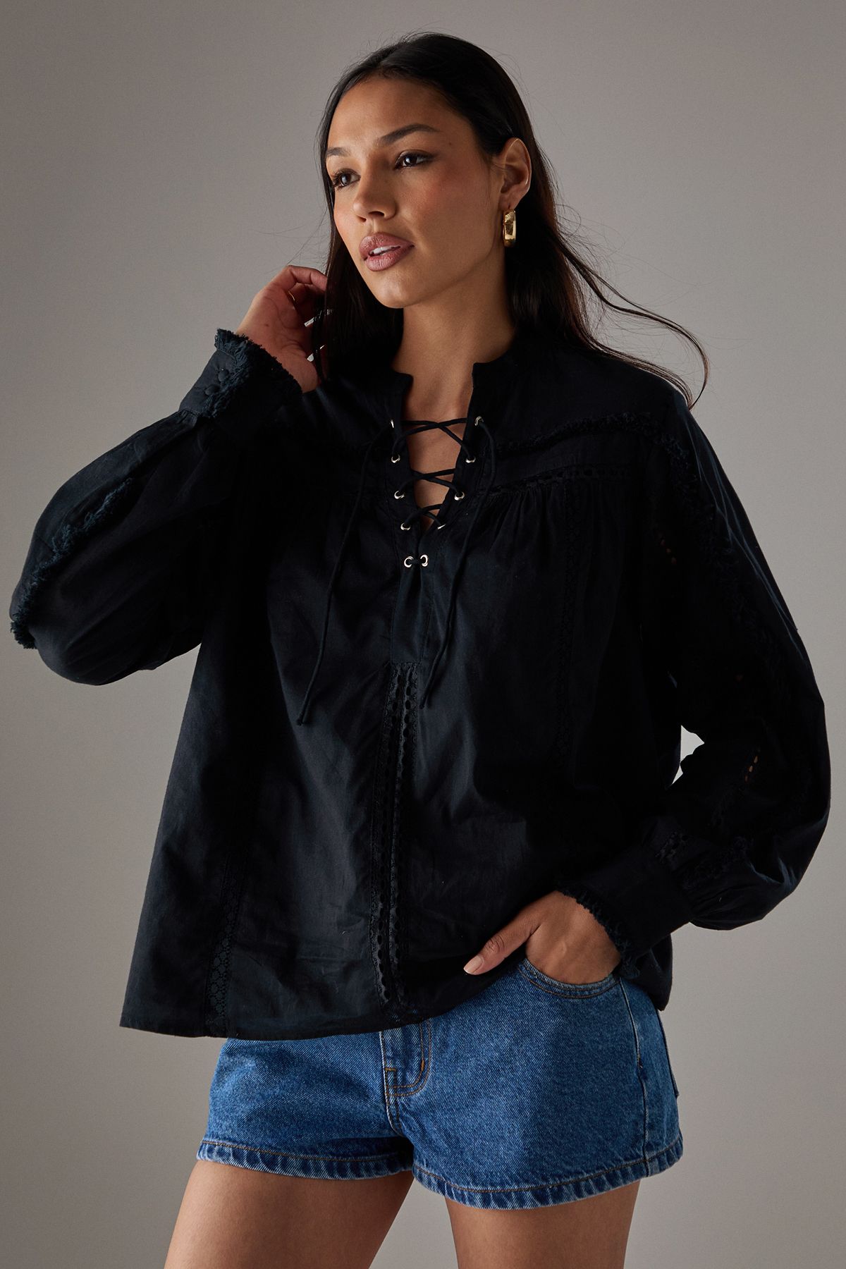 Warehouse HCD Cotton Lace Trim Insert Boho Blouse Black image 1