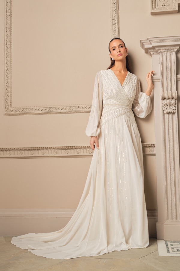 Coast Long Sleeve Linear Embellished Wedding Dress Ivory