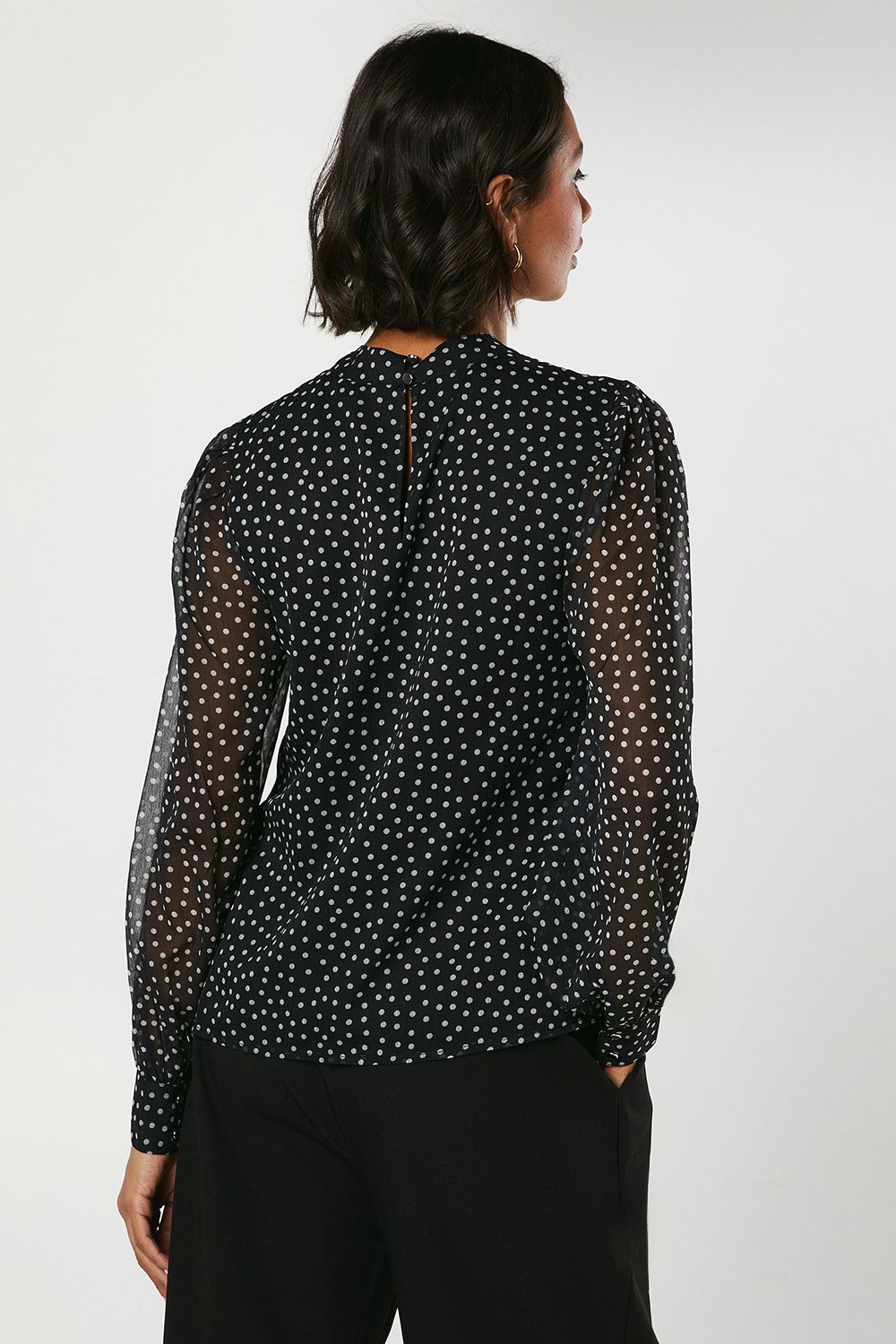 Dorothy Perkins Spot Chiffon High Neck Long Sleeve Blouse Black image 3
