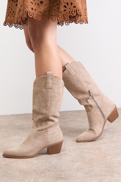 Oasis Elaina Faux Leather Western Cowboy Calf Boots Taupe