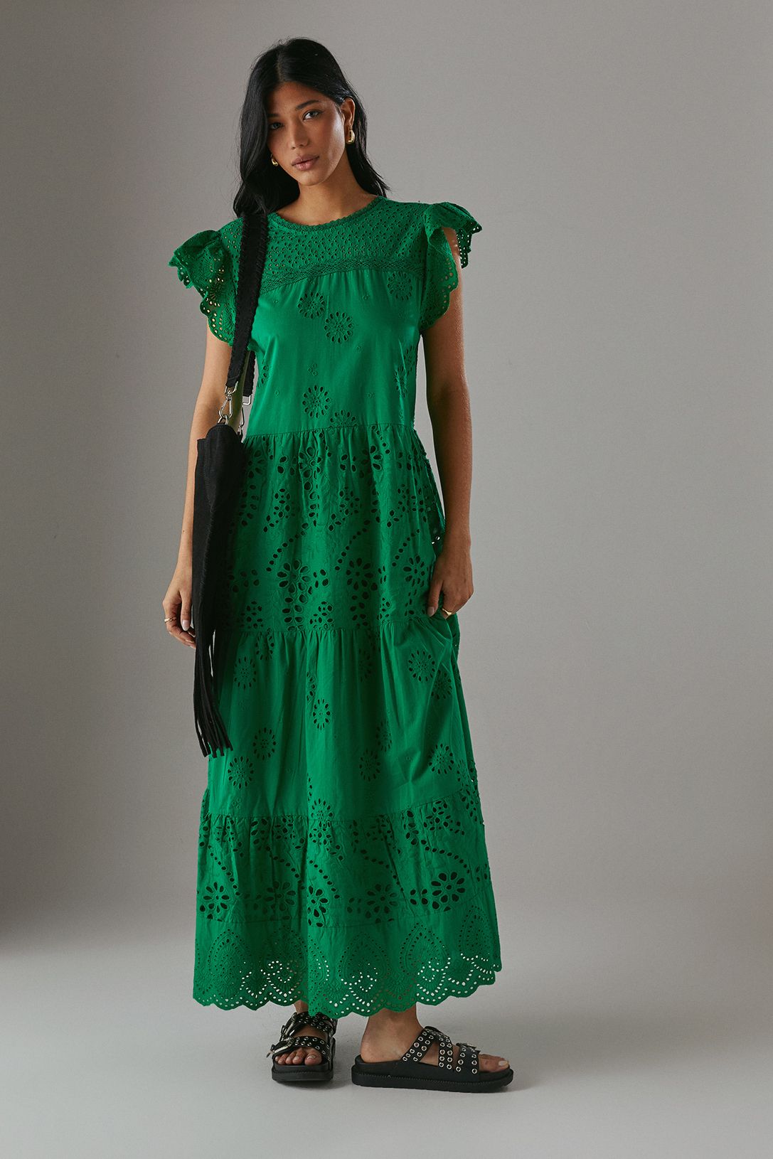 Warehouse Bright Green Broderie Mix Tiered Midi Dress PLT