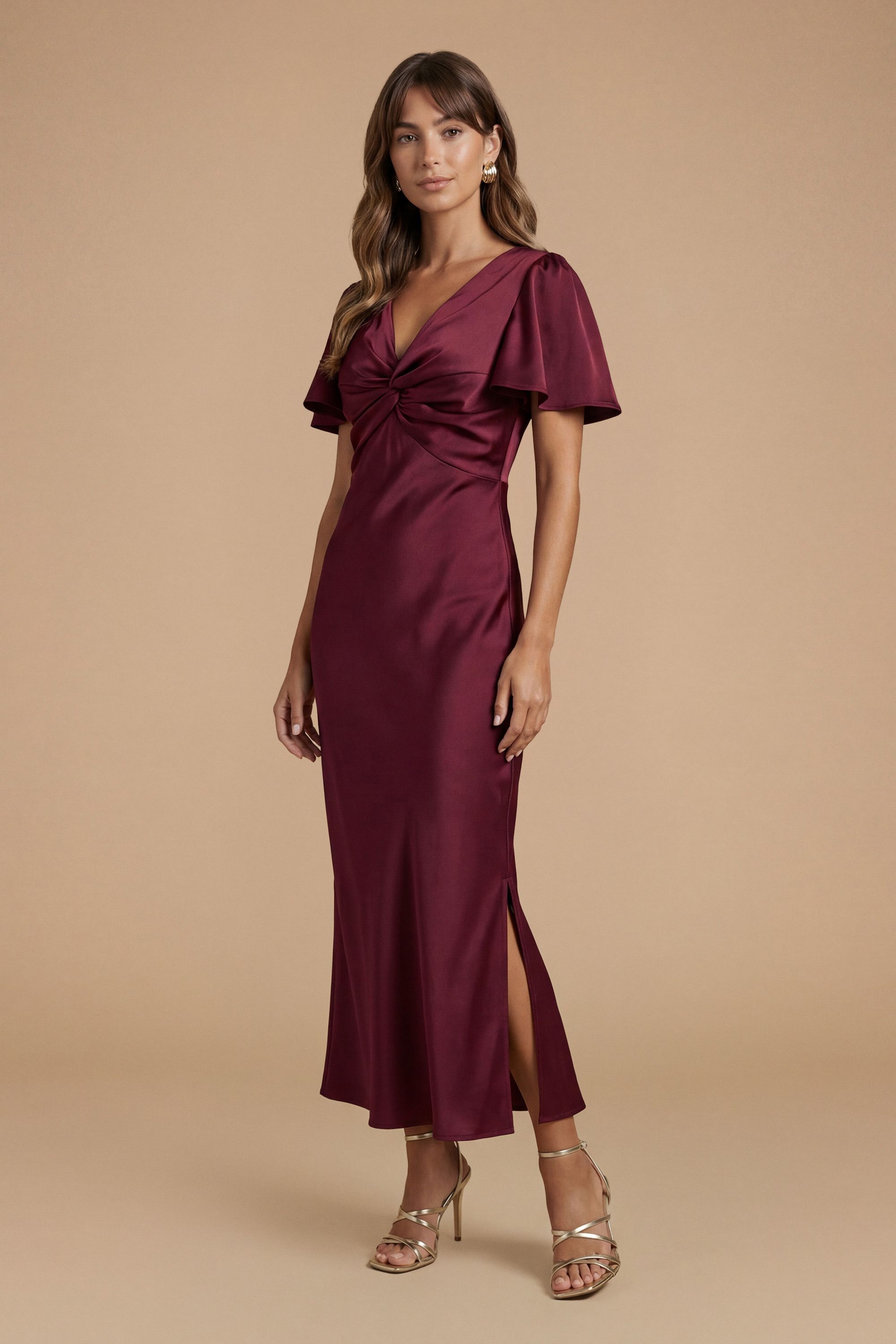 Oasis Wine Satin Twist Front Angel Sleeve Midi Bridesmaid Dress Wine
