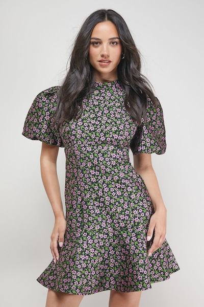 Oasis Floral Jacquard High Neck Puff Sleeve Peplum Mini Dress Black