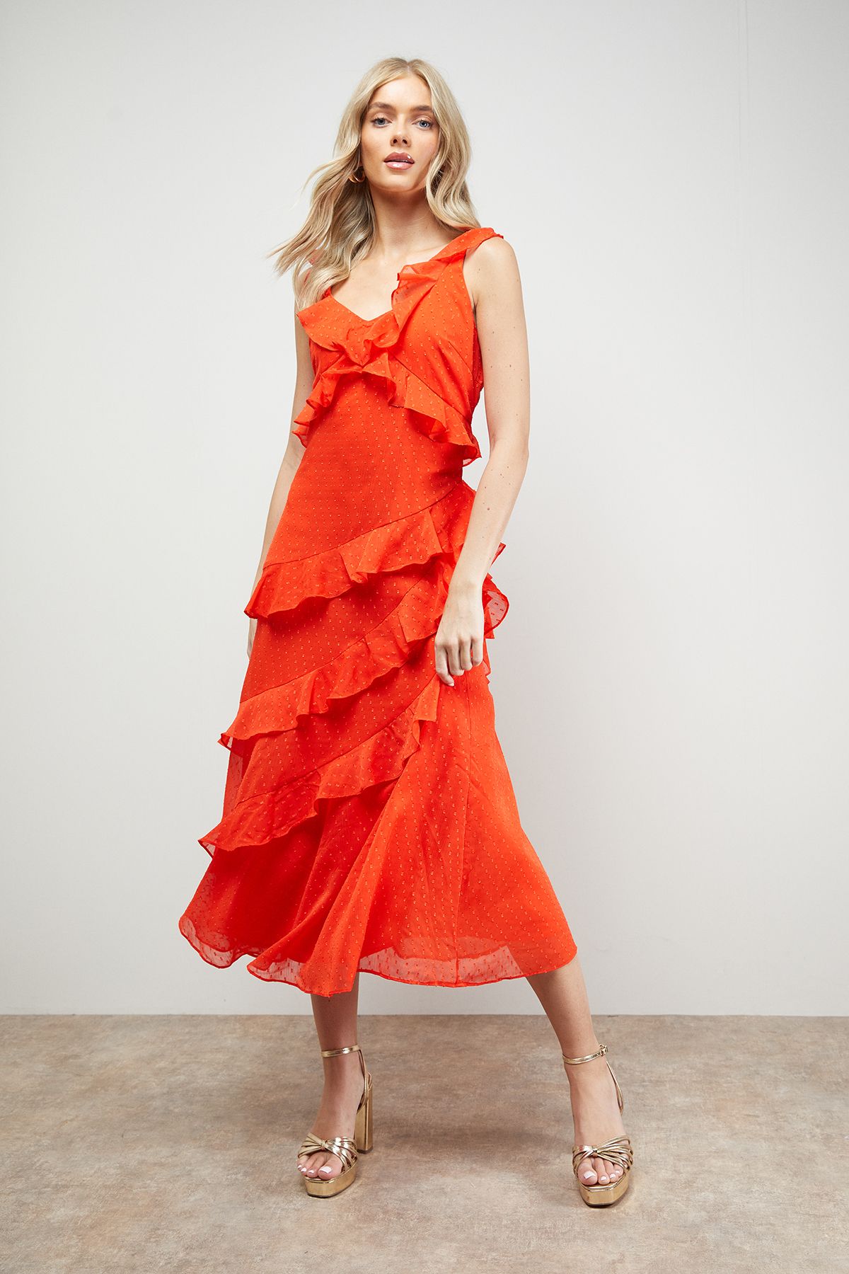 Oasis Dobby Ruffle V Neck Tiered Midi Dress Orange image 1