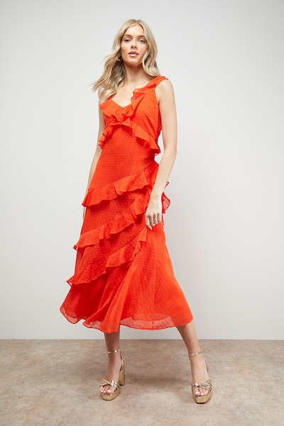 Oasis Dobby Ruffle V Neck Tiered Midi Dress Orange