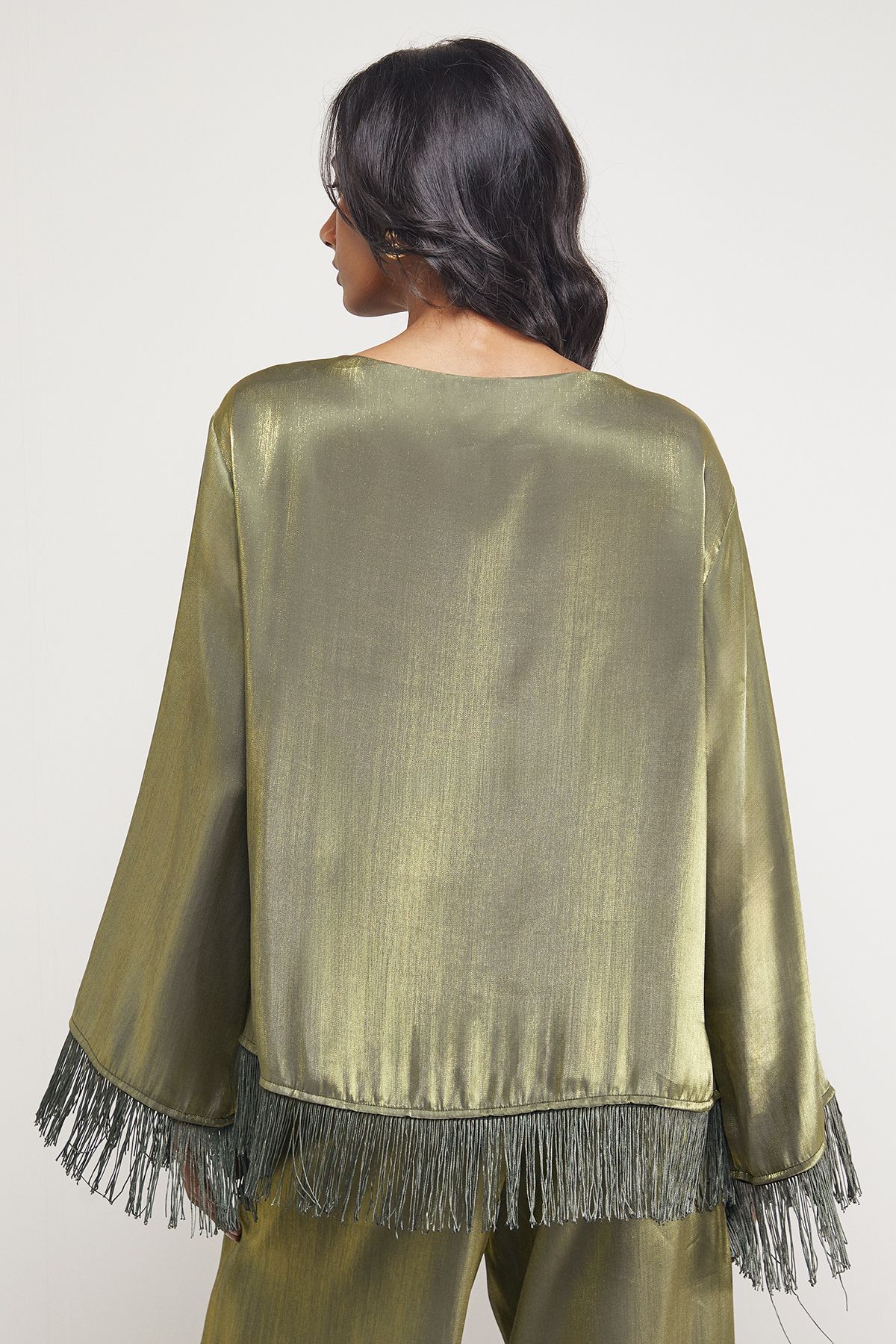 Warehouse Satin Fringe Hem Oversized Top Dark Olive image 3