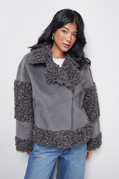 Warehouse Fur Mix Zip Through Jacket Grey