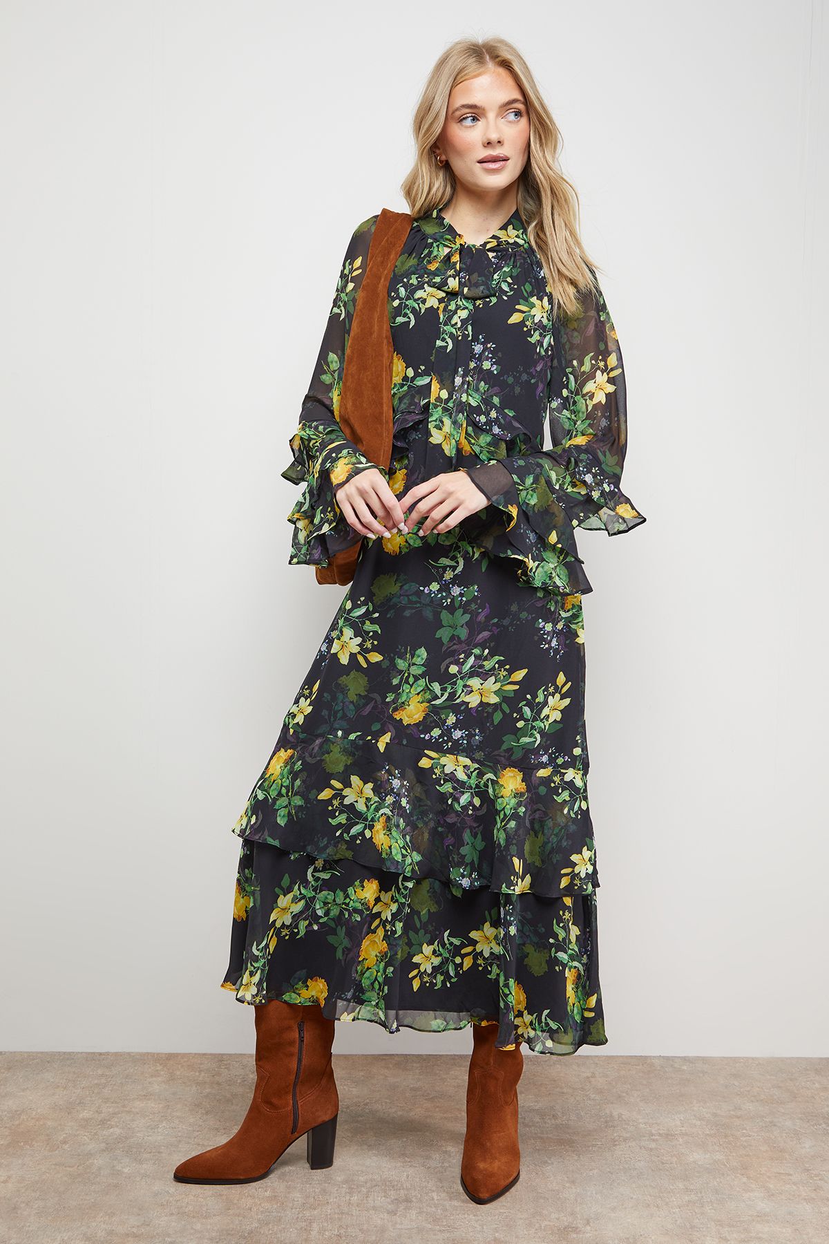 Oasis Printed Tie Neck Ruffle Detail Maxi Dress Floral image 1