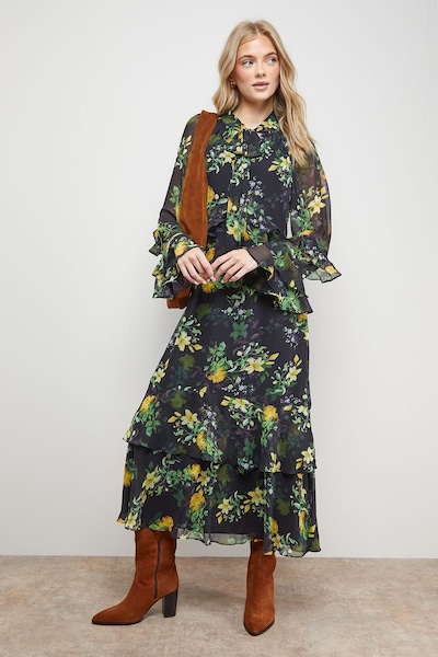 Oasis Printed Tie Neck Ruffle Detail Maxi Dress Floral